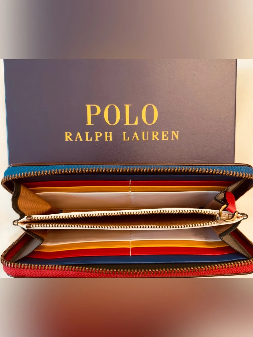 NIB- Polo by Ralph Lauren Navy & Red Leather Colorblocked Zip-Around Wallet 4x8)